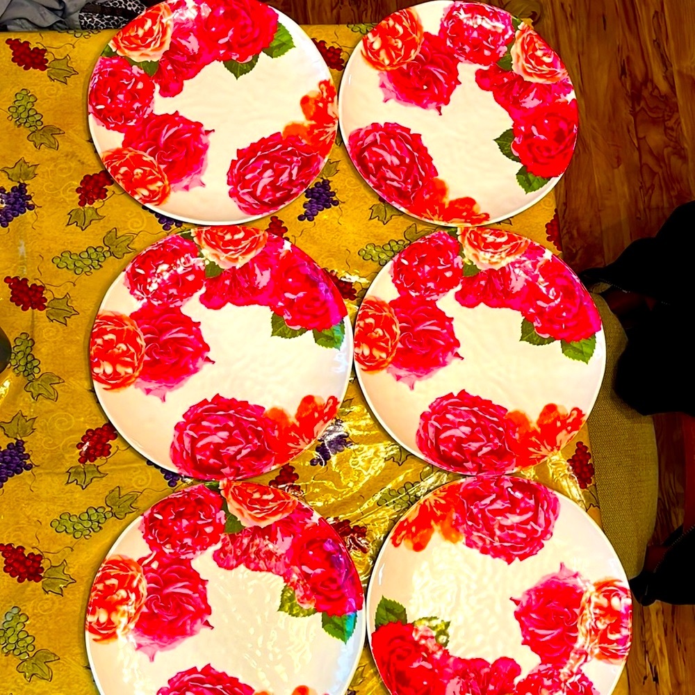 Set of 6 Sur La Table pink 11” floral rose camellia melamine dinner plates VGUC